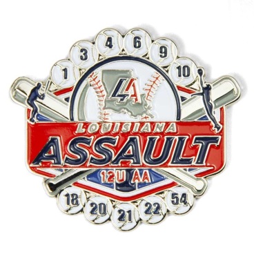 Baseball-themed trading pin with 'Louisiana Assault', bats, and numbers.