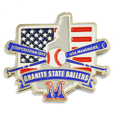 Trading pin with a state silhouette, baseball, bats, and Granite State Ballers text.