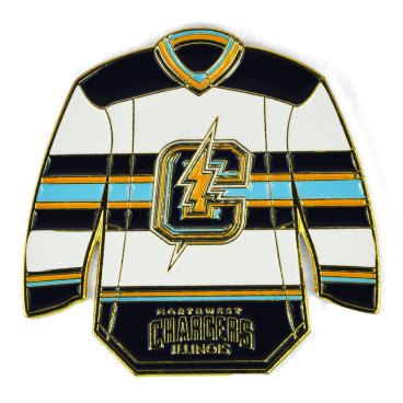 Jersey-shaped trading pin with a 'C' and lightning bolt design, colored in blue, gold, and black.