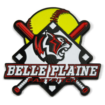 Trading pin with a softball, bats, tiger head, and 'Belle Plaine Fastpitch' text.