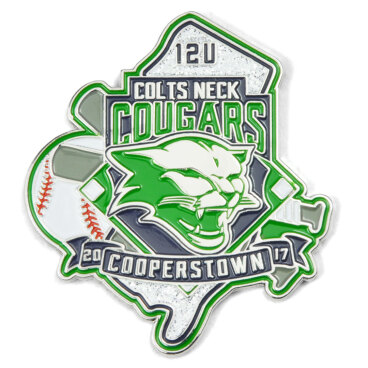 Colts Neck Cougars trading pin with a green cougar and baseball design, featuring '12U' and 'Cooperstown 2017' text.