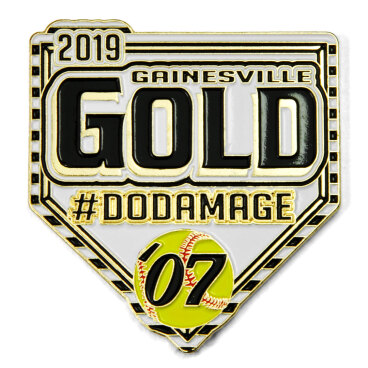 Trading pin with "Gainesville Gold 2019" and a softball design.