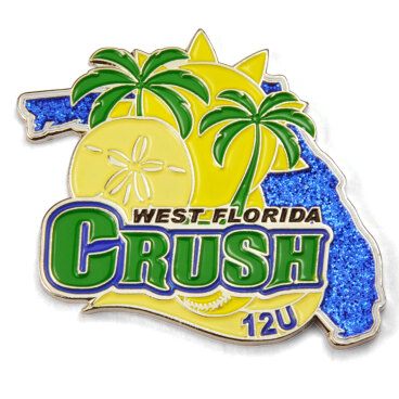 Colorful trading pin with palm trees, sun, sand dollar, and 'West Florida Crush 12U' text.