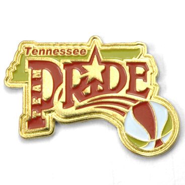 Gold and red trading pin with 'Tennessee Team Pride' and a basketball design.