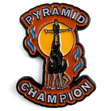 Trading pin with 'Pyramid Champion' and a cheerleading pyramid design in front of a yellow circle.
