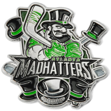 Trading pin with a bearded character in a top hat holding hockey sticks and the text 'Atlanta Madhatters'.