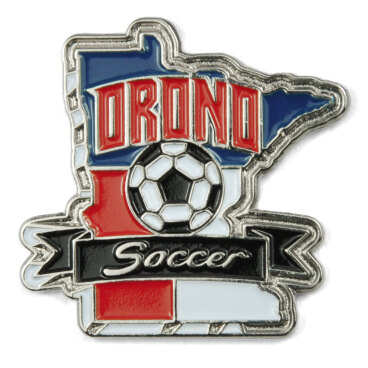 Trading pin with a soccer design, including a soccer ball and stylized text in red and blue.