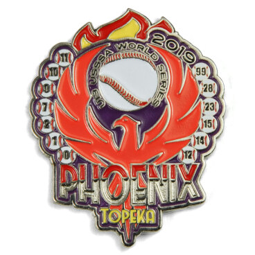 A 2019 USSSA World Series trading pin with a phoenix design and baseball motif.