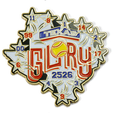 Colorful trading pin with text 'Texas Glory' and a softball surrounded by star shapes and numbers.