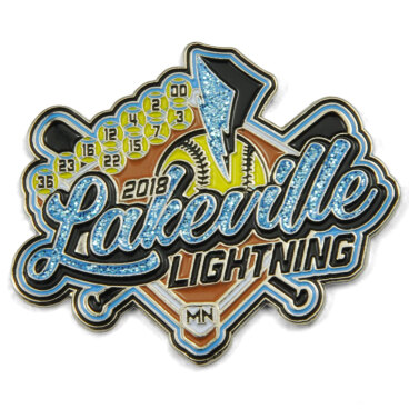 Lakeville Lightning trading pin with baseball theme and sparkling elements.