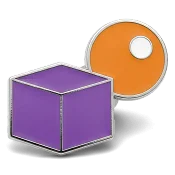 Custom trading pin featuring the Destination Imagination logo with a purple 3D cube and an orange circle containing a smaller white circle. The geometric design symbolizes creativity and problem-solving, central to the Destination Imagination program.