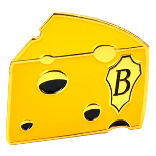 Custom gold Beta pin shaped like a wedge of Swiss cheese with a Beta B shield