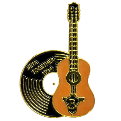 Custom Beta pin of a guitar in front of a vinyl record reading Beta Together