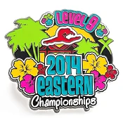 Bright and colorful custom trading pin for the 2014 Eastern Championships, featuring tropical elements like palm trees, hibiscus flowers, and a red wave over a pagoda-style roof. The text includes “Level 9” at the top and “2014 Eastern Championships” in bold, vibrant lettering.