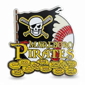 Custom trading pin for the Marlboro Pirates baseball team, featuring a pirate flag with a skull and crossbones, a partial baseball in the background, and a pile of gold coins marked with player numbers. The team name is displayed in bold yellow and white lettering with a red sword detail.