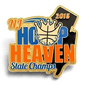 Custom trading pin shaped like New Jersey, featuring bold orange and blue text that reads “NJ Hoop Heaven State Champs.” A crowned basketball with the word “Royals” overlaps the lettering, and the year 2015 is shown at the top right.