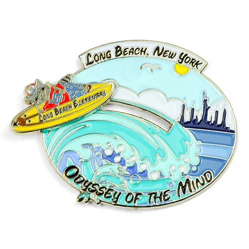 Custom trading pin for Long Beach Elementary’s Odyssey of the Mind team, featuring a cartoon mouse riding a yellow speedboat over a large ocean wave. The design includes a city skyline, sun, and seagulls with the text “Long Beach, New York” and “Odyssey of the Mind.”
