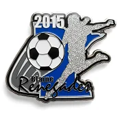 Custom trading pin for the 2015 Blaine Renegades soccer team, featuring a silver glitter silhouette of a soccer player kicking a ball over a blue state outline. The design includes bold “2015” text at the top and stylized team name at the bottom.