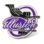 Custom trading pin for KC Illusion Synchronized Skating Teams, featuring a group of black silhouette skaters in formation above a large glittery purple script that says “Illusion.” The design includes the letters “KC” and a stylized oval loop in the background.
