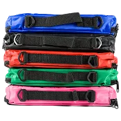 Stack of five soft-sided carrying cases in vibrant colors—blue, black, red, green, and pink—each with a black adjustable strap and plastic handle loops. These durable, zippered bags are commonly used for organizing and transporting custom trading pins or team gear.