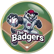 Custom trading pin featuring a fierce badger mascot in a striped baseball uniform with the number “00,” holding a baseball on a green diamond field background. The text “The Badgers” is boldly displayed in front of the mascot in white and maroon lettering.