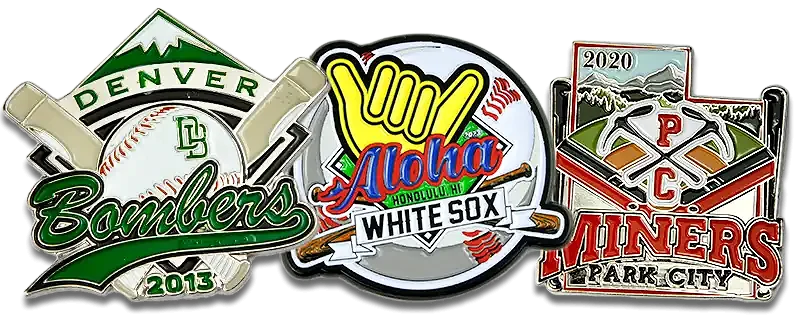 Three custom baseball trading pins displayed side by side, featuring team logos for the Denver Bombers, Aloha White Sox from Honolulu, and Park City Miners. Each pin includes unique design elements like bats, baseballs, and mountain or tropical themes with vibrant team branding.