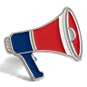 Custom trading pin shaped like a megaphone, featuring a red cone and blue handle outlined in silver. This bold and energetic design is perfect for cheerleading teams, spirit squads, or promotional events.