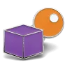 Custom trading pin featuring the Destination Imagination logo with a purple 3D cube and an orange circle containing a smaller white circle. The geometric design symbolizes creativity and problem-solving, central to the Destination Imagination program.