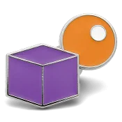 Custom trading pin featuring the Destination Imagination logo with a purple 3D cube and an orange circle containing a smaller white circle. The geometric design symbolizes creativity and problem-solving, central to the Destination Imagination program.