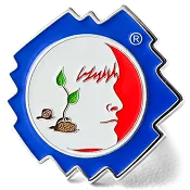 Custom trading pin featuring the Odyssey of the Mind logo, showing a child’s profile in red and white facing a sprouting plant with two leaves emerging from the ground. The design is framed in a blue jagged border with a registered trademark symbol.