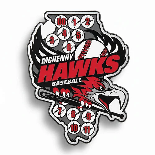 Custom trading pin in the shape of Illinois featuring a fierce red and black hawk gripping a baseball bat, with “McHenry Hawks Baseball” in bold text. Surrounding the design are numbered baseballs from 00 to 11, representing team player numbers.