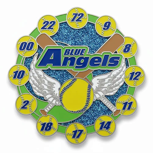 Custom trading pin for the Blue Angels softball team, featuring a yellow softball with silver wings, two crossed bats, and a glittery blue background. Yellow softballs with blue numbers encircle the design, displaying team player numbers like 00, 9, 14, and 22.
