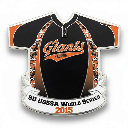 Custom trading pin shaped like a black and orange baseball jersey featuring “Giants Georgia” across the chest. A white banner at the bottom reads “9U USSSA World Series 2015,” marking the event and team division.