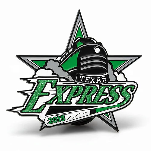 Custom trading pin for the Texas Express baseball team featuring a black steam train emerging from clouds of smoke, set against a green and black star. The word “Express” appears in large glittery green lettering with a white baseball bat underneath and the year 2015 on the handle.