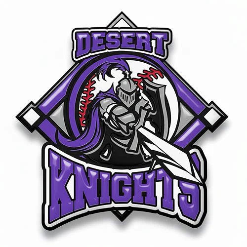 Custom trading pin for the Desert Knights baseball team featuring a silver knight in full armor with a flowing purple cape, holding a sword and shield. The background includes a stitched baseball and diamond frame, with bold purple and silver text reading “Desert Knights.”