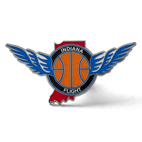 A custom trading pin shaped like the state of Indiana features a bold orange basketball with blue wings extending from both sides. The text “Indiana Flight” circles the ball, emphasizing the team name and the pin’s sporty, dynamic design.