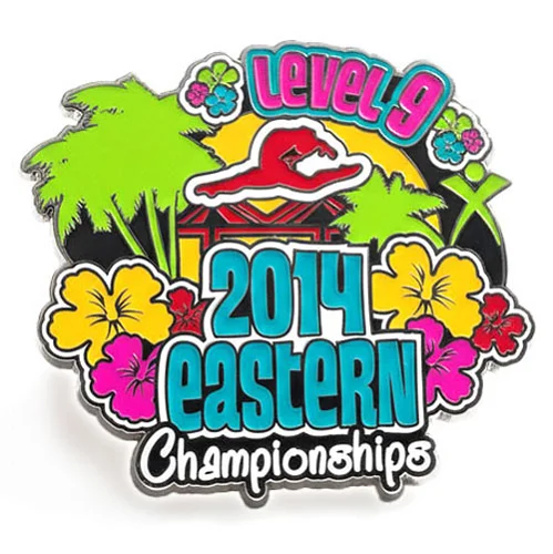 Bright and colorful custom trading pin for the 2014 Eastern Championships, featuring tropical elements like palm trees, hibiscus flowers, and a red wave over a pagoda-style roof. The text includes “Level 9” at the top and “2014 Eastern Championships” in bold, vibrant lettering.