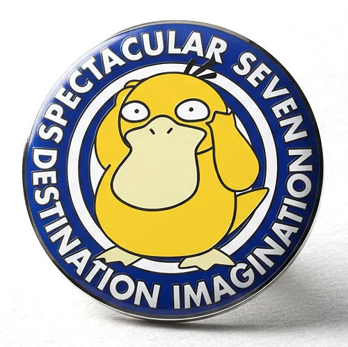 Round custom trading pin featuring a cartoon Psyduck holding its head in confusion, surrounded by blue and white rings. The outer ring includes the text “Spectacular Seven” and “Destination Imagination.”