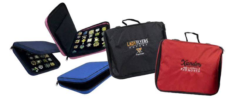Custom zippered trading pin bags in assorted colors, designed to hold and protect collectible pins during tournaments and events.
