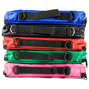 Stack of five soft-sided carrying cases in vibrant colors—blue, black, red, green, and pink—each with a black adjustable strap and plastic handle loops