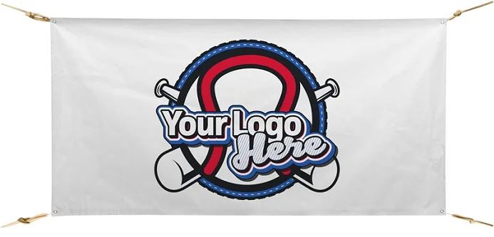 Custom team banner with Your Logo Here design and corner tie-downs