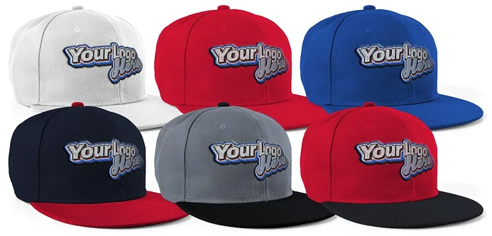 Six custom flat-brim baseball caps in assorted color combinations with Your Logo Here patch