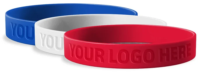 Custom silicone wristbands with debossed Your Logo Here design in red, white, and blue