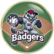 Custom trading pin featuring a fierce badger mascot in a striped baseball uniform with the number “00,” holding a baseball on a green diamond field background. The text “The Badgers” is boldly displayed in front of the mascot in white and maroon lettering.