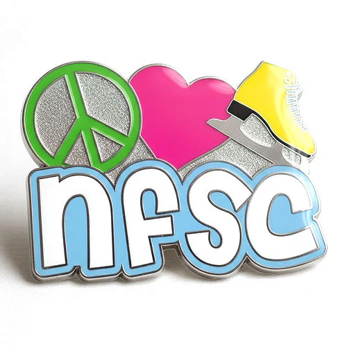 Custom trading pin featuring a green peace sign, a pink heart, and a yellow figure skate, followed by large bubble letters reading “NFSC.” The design uses bold colors and playful shapes to represent the North Florida Skating Club.