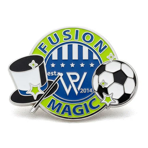 Custom trading pin for the Fusion Magic soccer team, featuring a blue and green circular design with a magician’s top hat and wand on the left and a soccer ball on the right. The center includes stars, vertical stripes, and the text “Est. 2014” above the team’s initials “WP.”