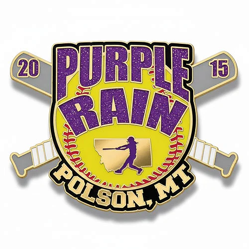Custom trading pin for the Purple Rain softball team from Polson, Montana, featuring bold glittery purple text over a yellow softball with red stitching. Crossed bats and the year “2015” frame the design, with a batter silhouette over a Montana state outline.