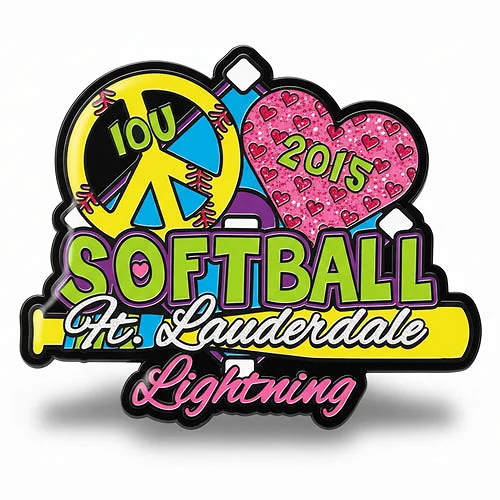 Ft. Lauderdale Lightning 10U 2015 custom trading pin with peace sign and heart design. Colorful custom trading pin for the Ft. Lauderdale Lightning 10U softball team, featuring bold text, a yellow peace sign softball with “10U,” and a pink glitter heart with “2015.” The vibrant design includes “Softball,” “Ft. Lauderdale,” and “Lightning” in layered fonts and bright colors.