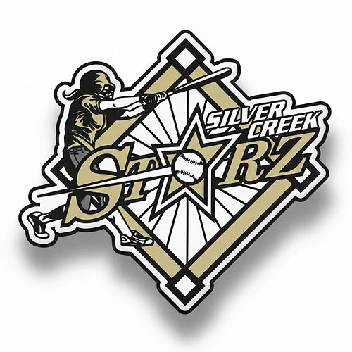 Silver Creek Starz custom trading pin with batter and starburst design. Custom trading pin for the Silver Creek Starz softball team, featuring a gold and black design with a player swinging a bat through a star-shaped emblem and a baseball at the center. The background is a stylized diamond pattern with bold, angular text reading “Silver Creek Starz.”